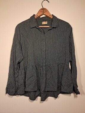 Tulip Striped Peplum Button-Up Shirt in Black and White